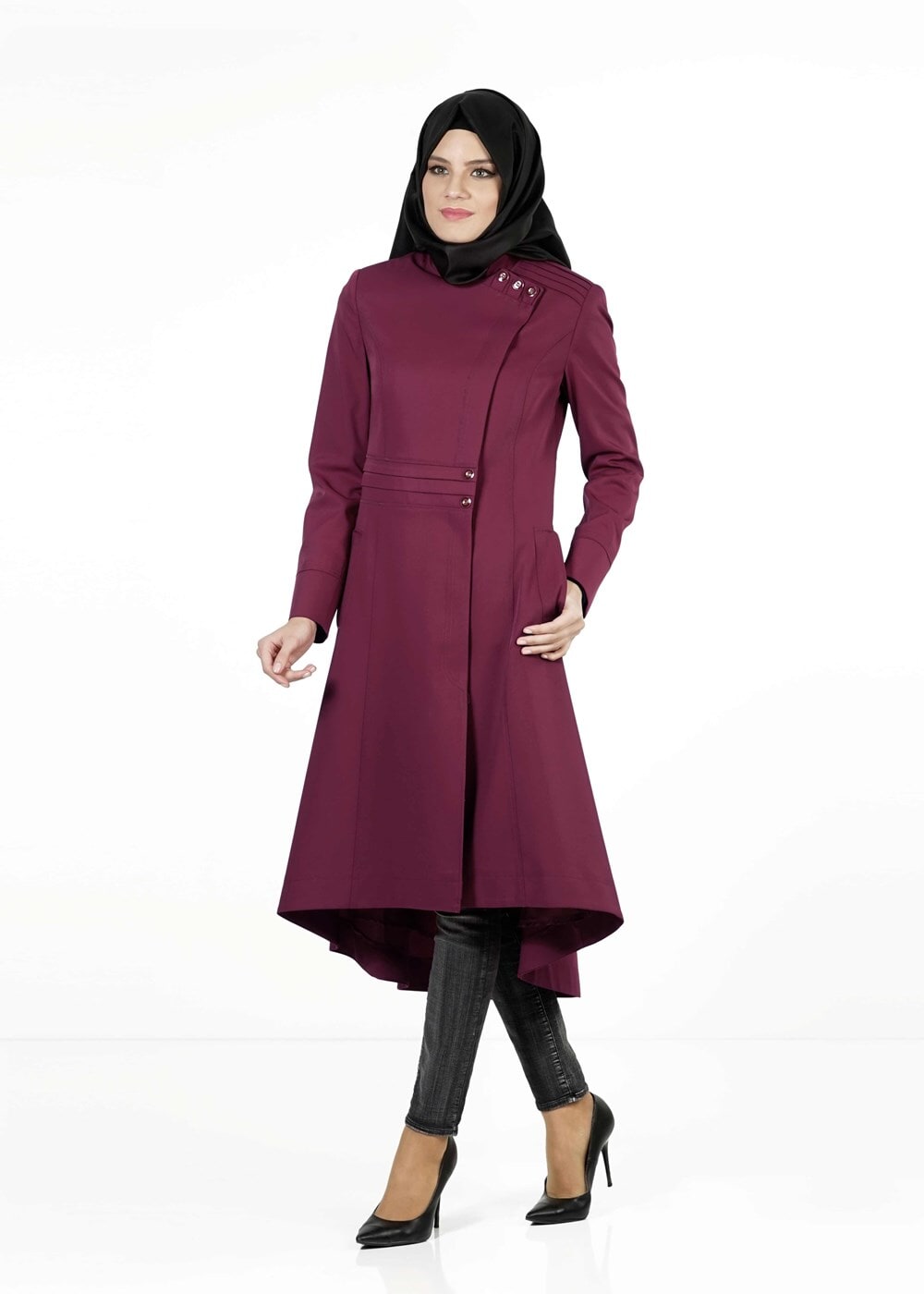 Tesettür giyim BORDO KUYRUKLU TRENÇKOT 1398
