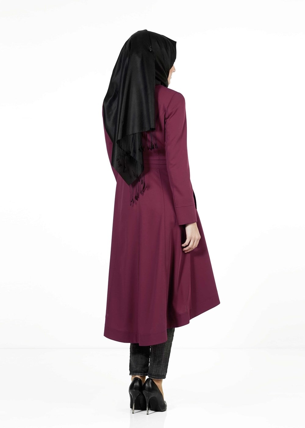 Tesettür giyim BORDO KUYRUKLU TRENÇKOT 1398