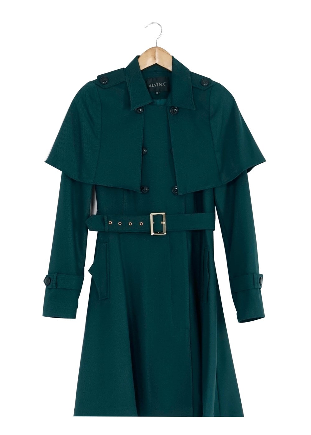 Tesettür giyim YEŞİL ALVİNA ETEĞİ VOLANLI TRENÇKOT 1405