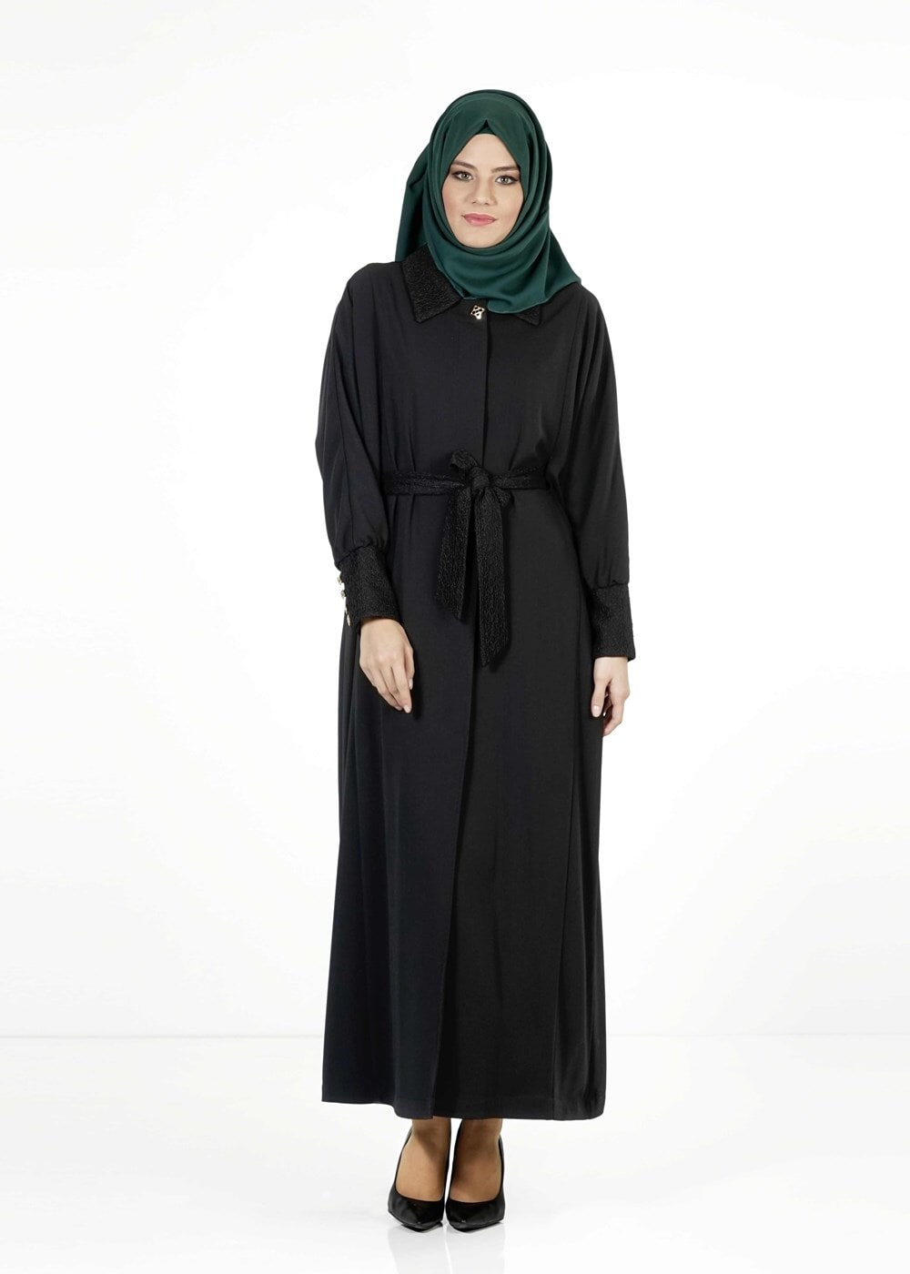 Tesettür giyim SİYAH GÜPÜR DETAYLI KUŞAKLI PARDESÜ 1406 