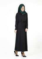 Tesettür giyim SİYAH GÜPÜR DETAYLI KUŞAKLI PARDESÜ 1406 