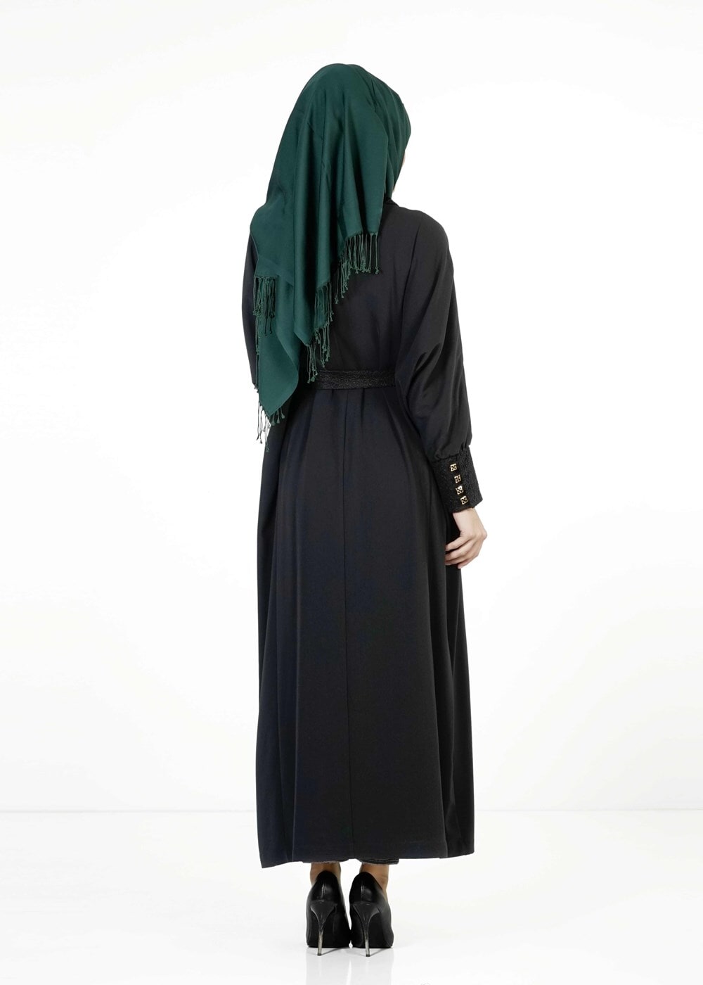 Tesettür giyim SİYAH GÜPÜR DETAYLI KUŞAKLI PARDESÜ 1406 