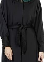 Tesettür giyim SİYAH GÜPÜR DETAYLI KUŞAKLI PARDESÜ 1406 