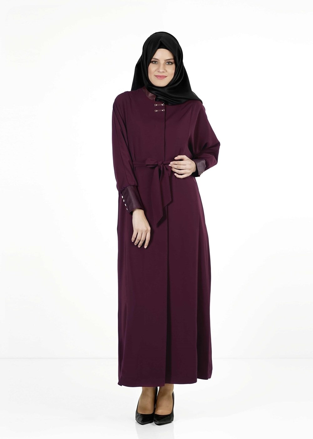 Tesettür giyim BORDO KUŞAKLI PARDESÜ 1407 