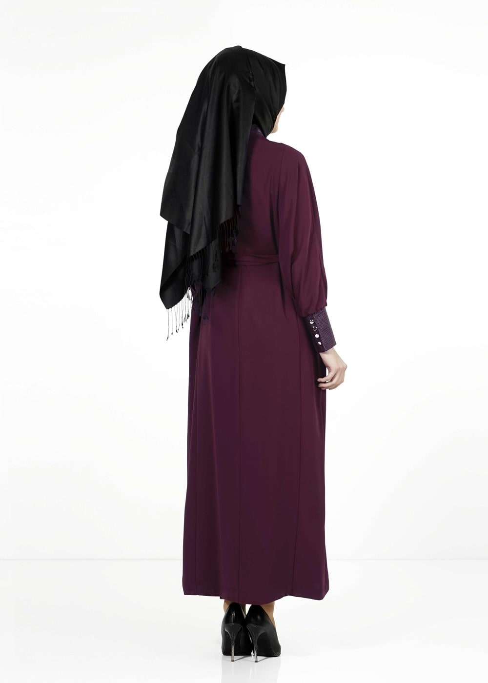 Tesettür giyim BORDO KUŞAKLI PARDESÜ 1407 
