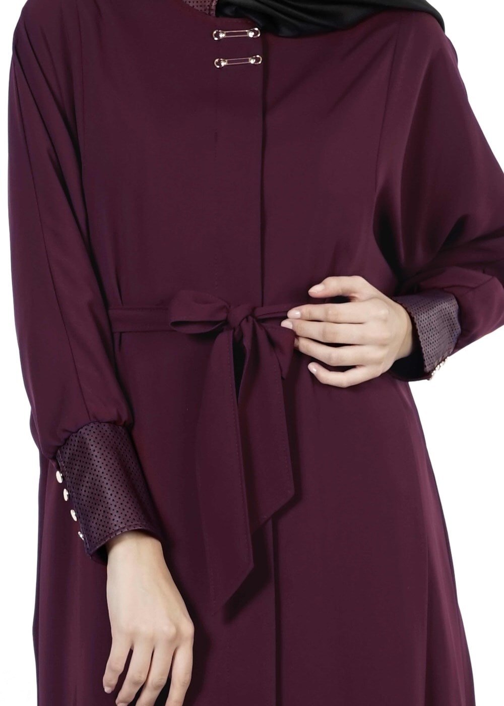 Tesettür giyim BORDO KUŞAKLI PARDESÜ 1407 