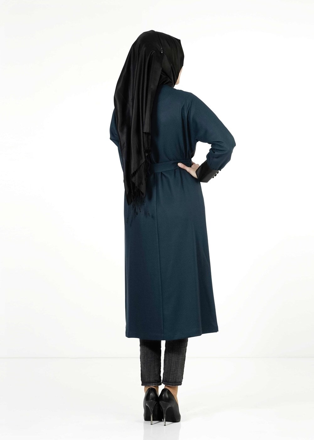 Tesettür giyim MAVİ YARASA KOLLU TRENÇKOT 1413