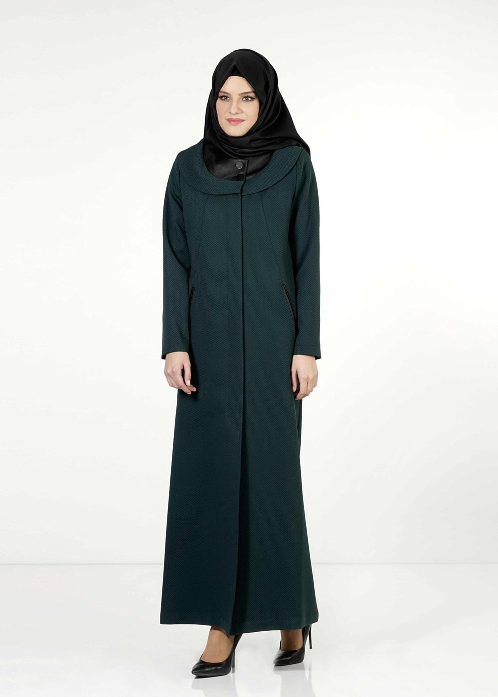 Tesettür giyim YEŞİL DERİ DETAYLI PARDESÜ 1422