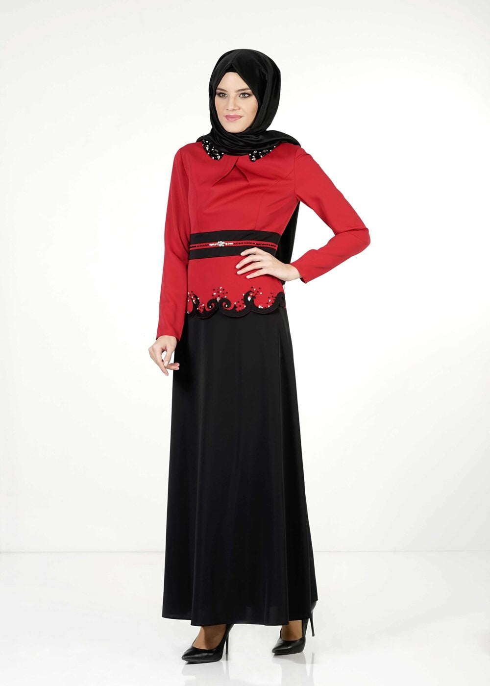 Tesettür giyim KIRMIZI TAŞLI ETEKLİ TAKIM 3050 