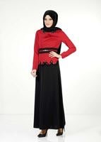 Tesettür giyim KIRMIZI TAŞLI ETEKLİ TAKIM 3050 