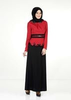 Tesettür giyim KIRMIZI TAŞLI ETEKLİ TAKIM 3050 