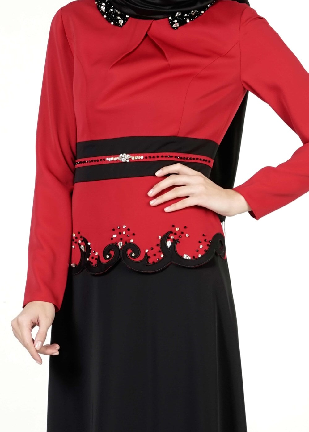 Tesettür giyim KIRMIZI TAŞLI ETEKLİ TAKIM 3050 
