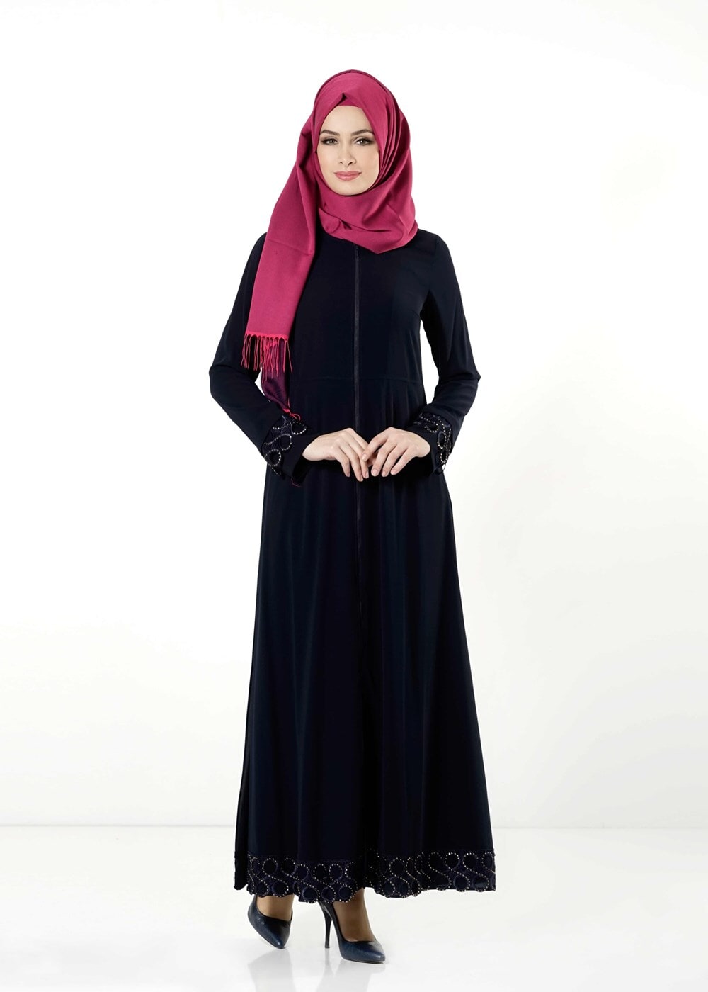 Tesettür giyim LACİVERT FERMUARLI TAŞLI FERACE 8157 
