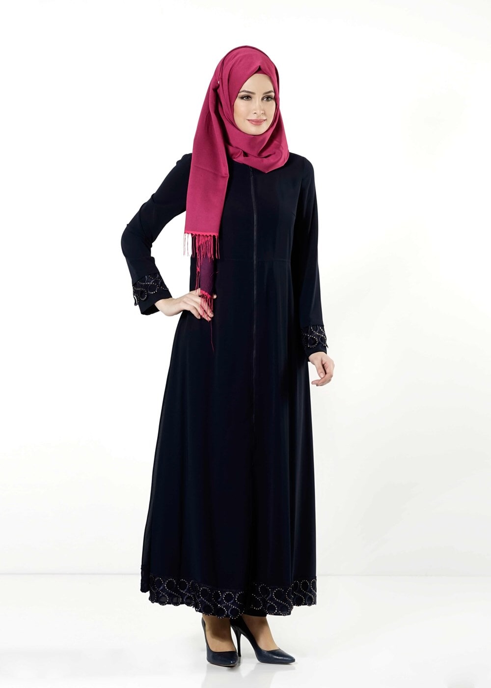 Tesettür giyim LACİVERT FERMUARLI TAŞLI FERACE 8157 