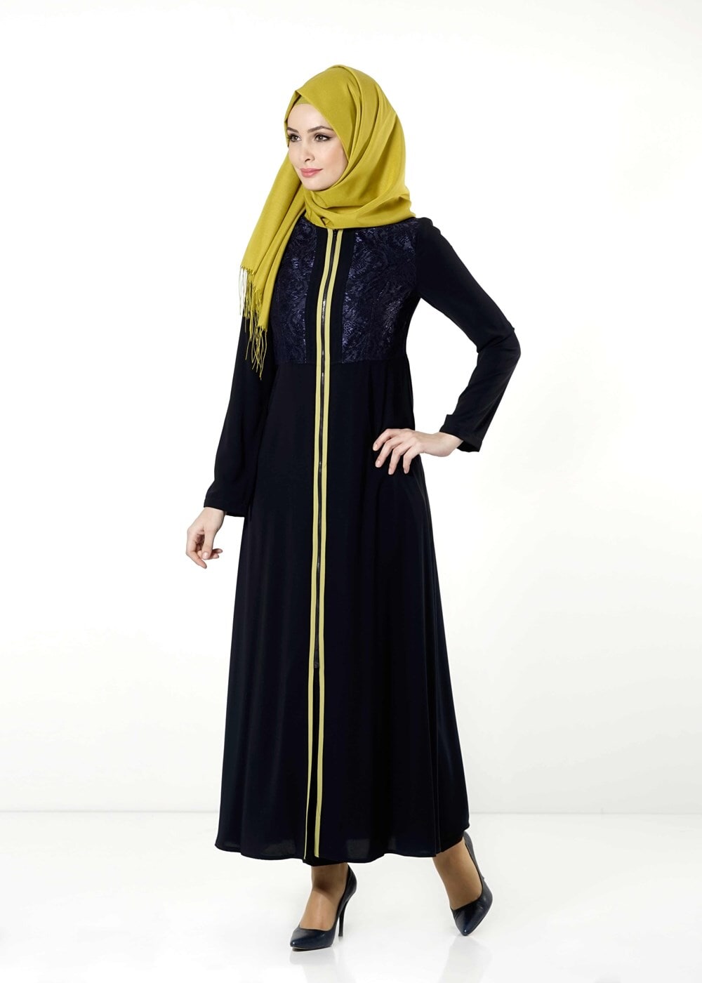 Tesettür giyim LACİVERT GÜPÜR DETAYLI FERMUARLI FERACE 8165 