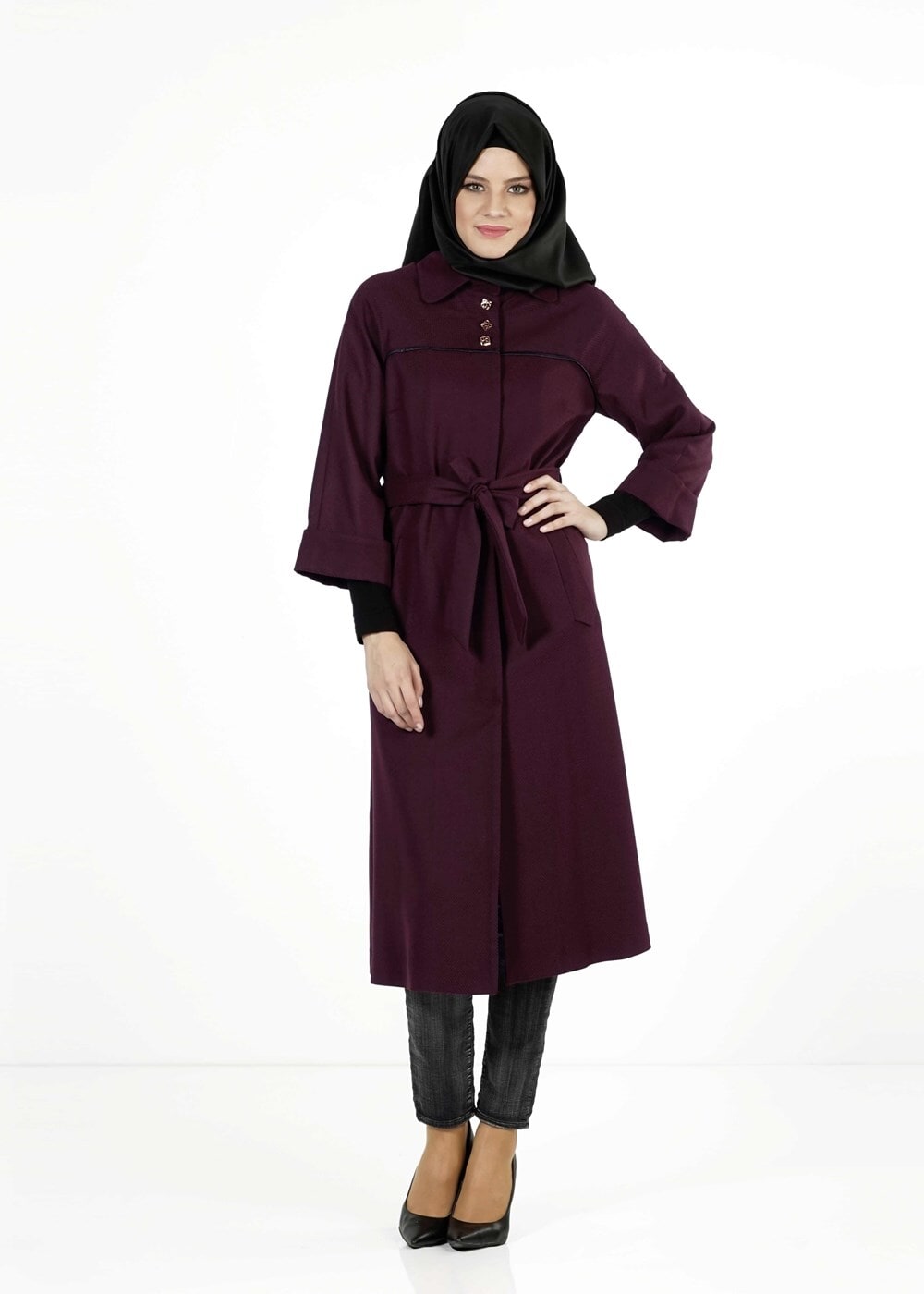 Tesettür giyim BORDO GİZLİ DÜĞMELİ KUŞAKLI KABAN 9257