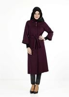 Tesettür giyim BORDO GİZLİ DÜĞMELİ KUŞAKLI KABAN 9257