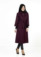Tesettür giyim BORDO GİZLİ DÜĞMELİ KUŞAKLI KABAN 9257
