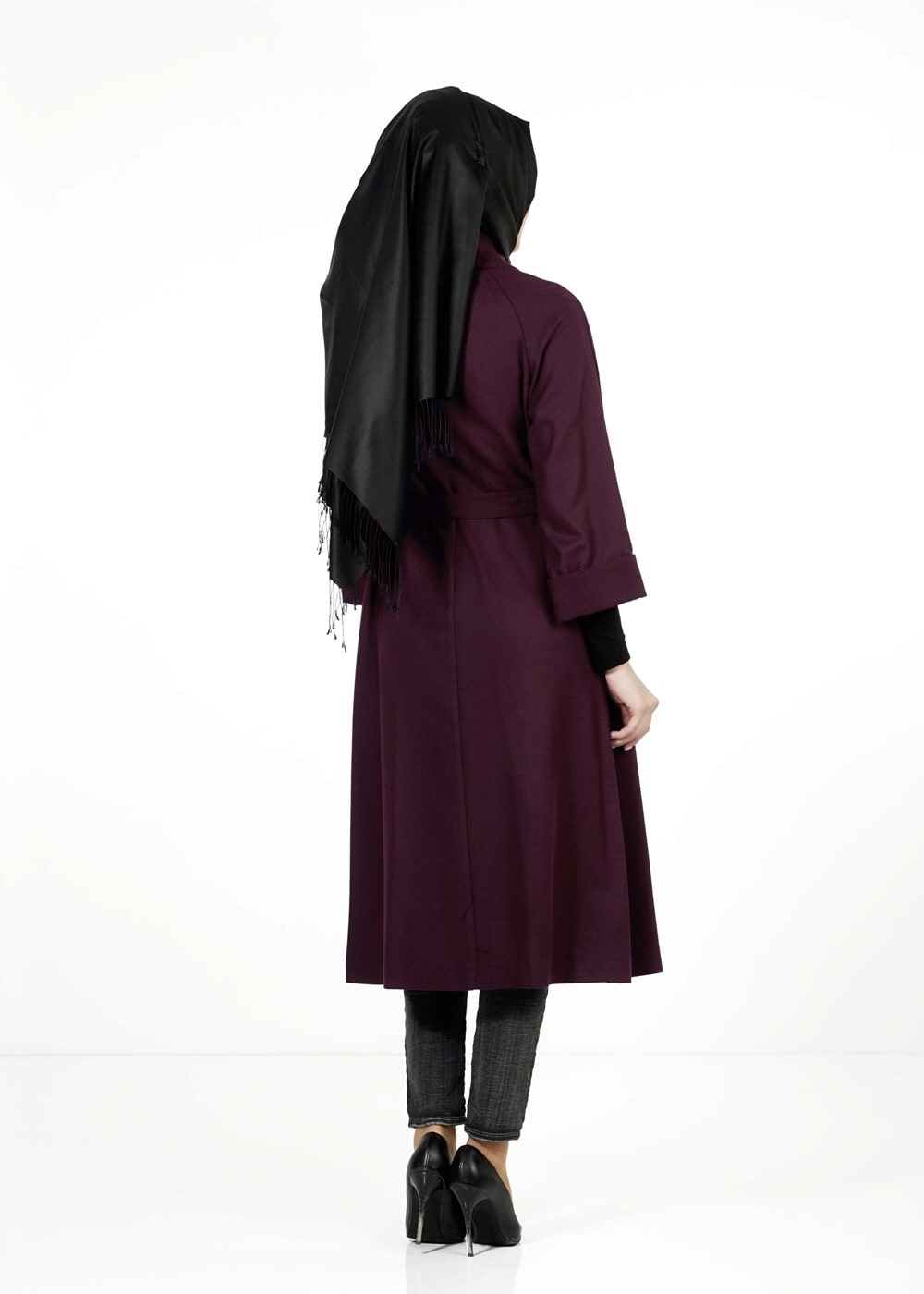 Tesettür giyim BORDO GİZLİ DÜĞMELİ KUŞAKLI KABAN 9257