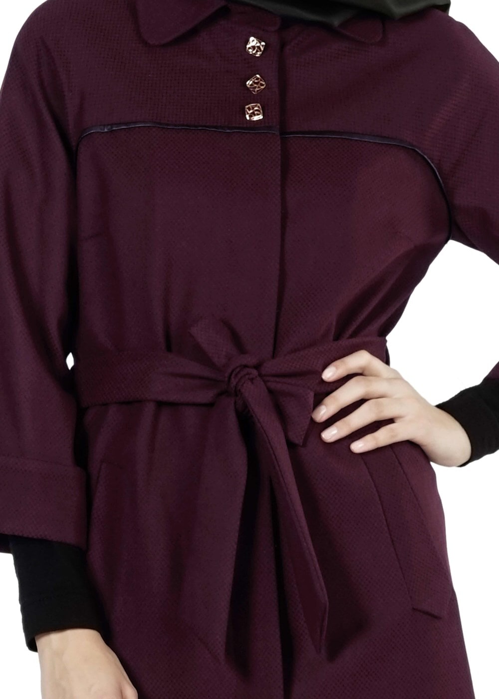 Tesettür giyim BORDO GİZLİ DÜĞMELİ KUŞAKLI KABAN 9257