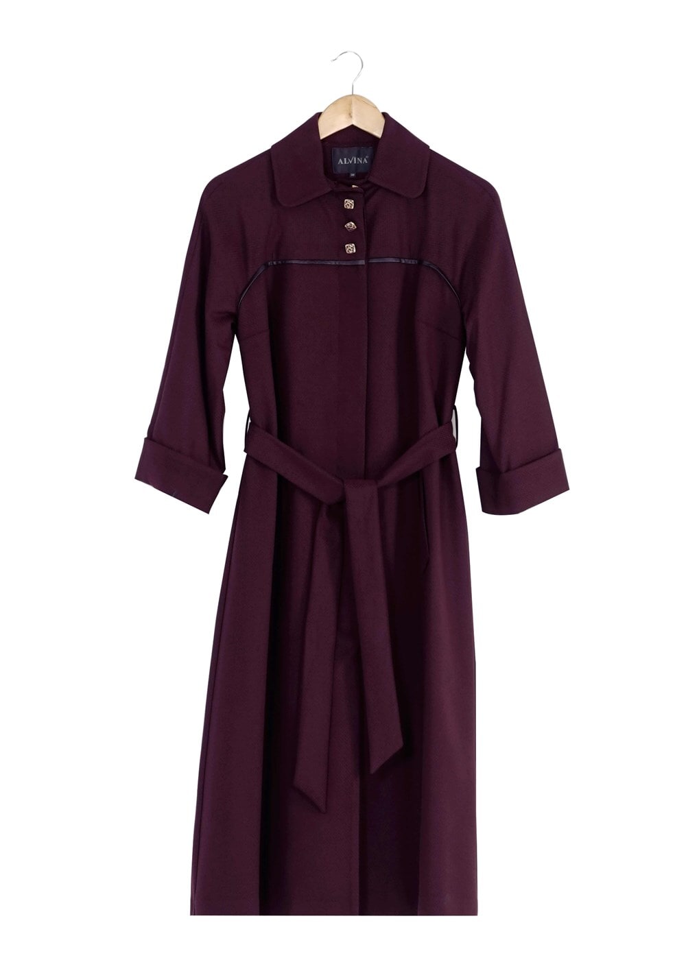 Tesettür giyim BORDO GİZLİ DÜĞMELİ KUŞAKLI KABAN 9257