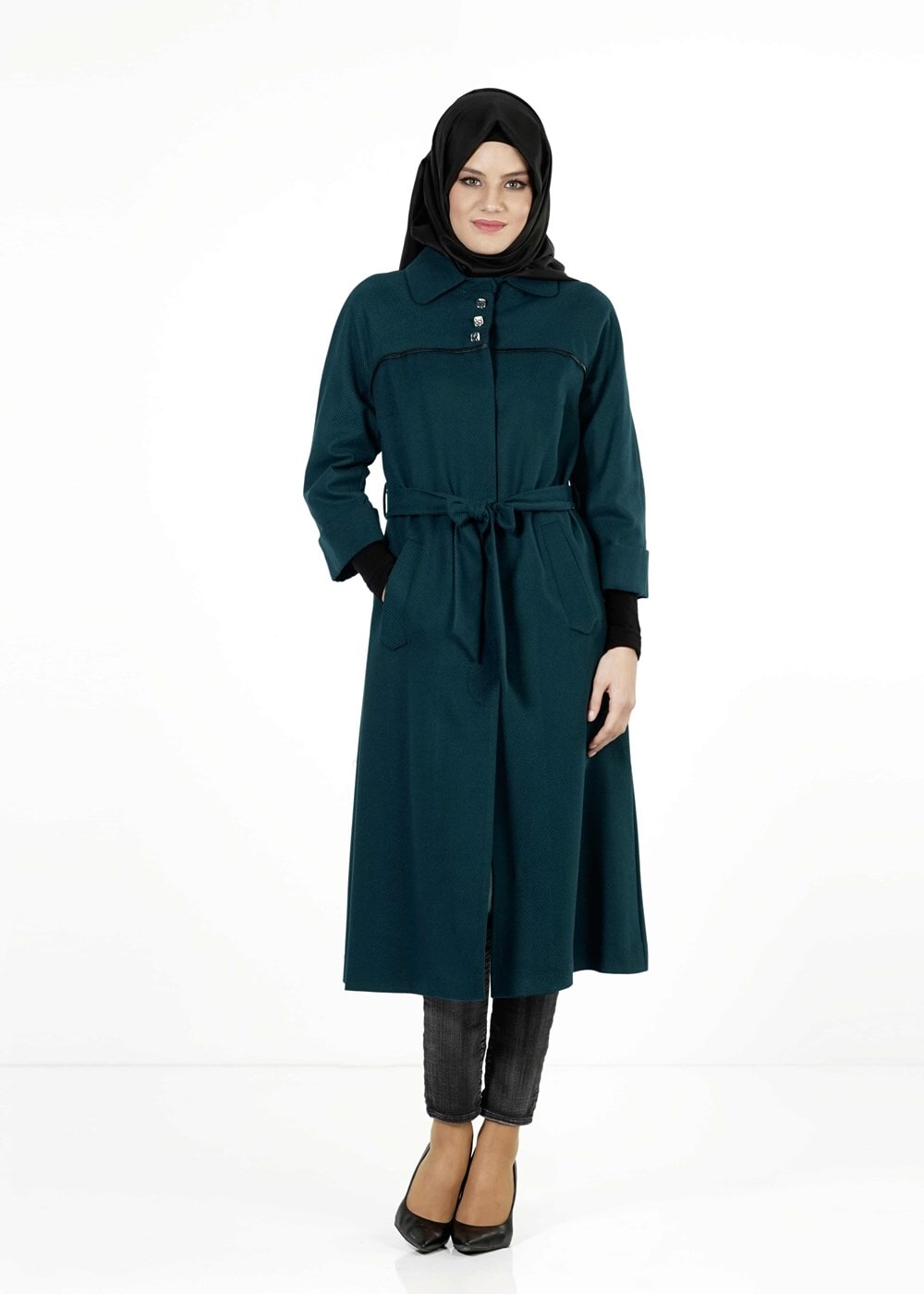 Tesettür giyim MAVİ GİZLİ DÜĞMELİ KUŞAKLI KABAN 9257