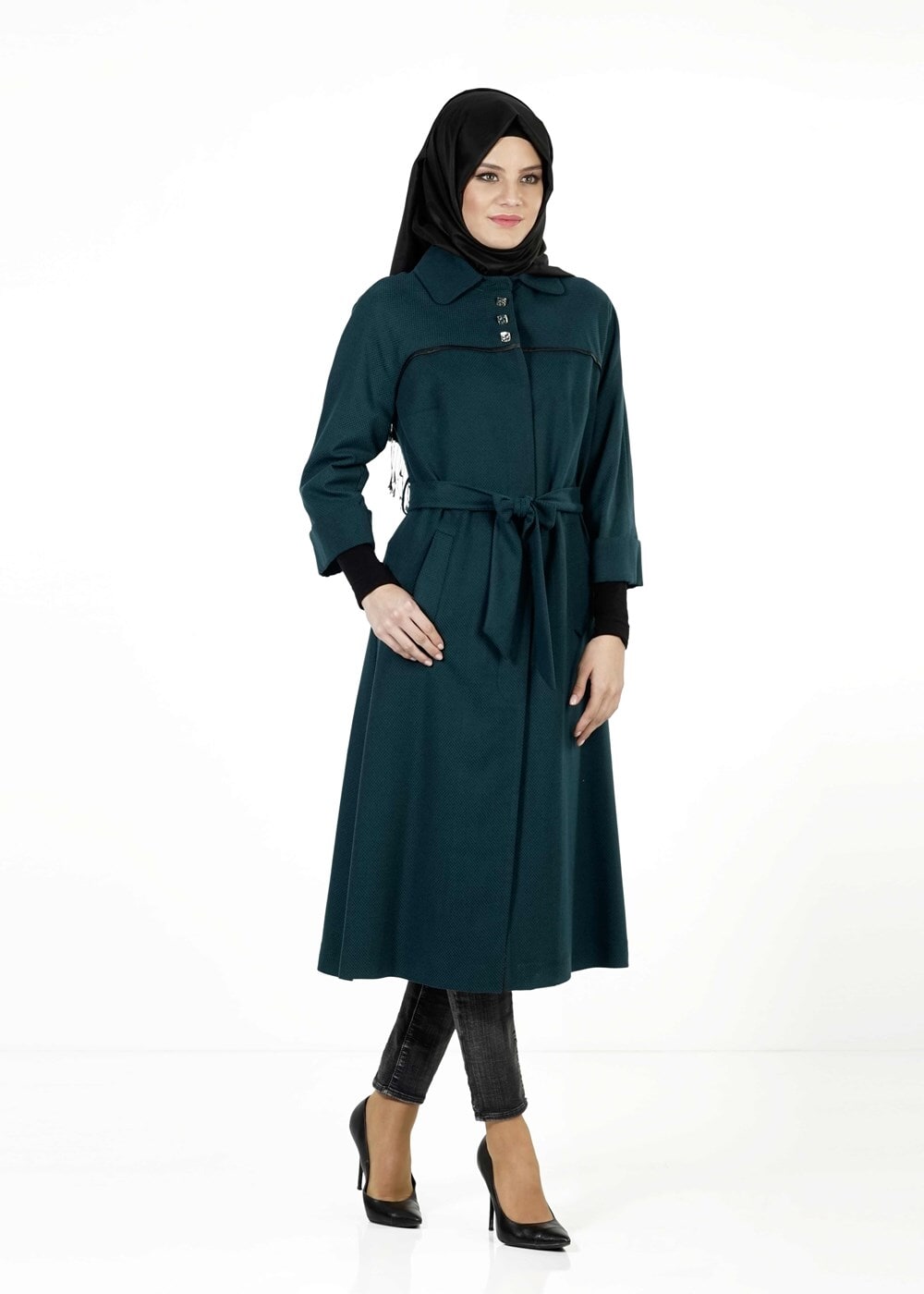 Tesettür giyim MAVİ GİZLİ DÜĞMELİ KUŞAKLI KABAN 9257