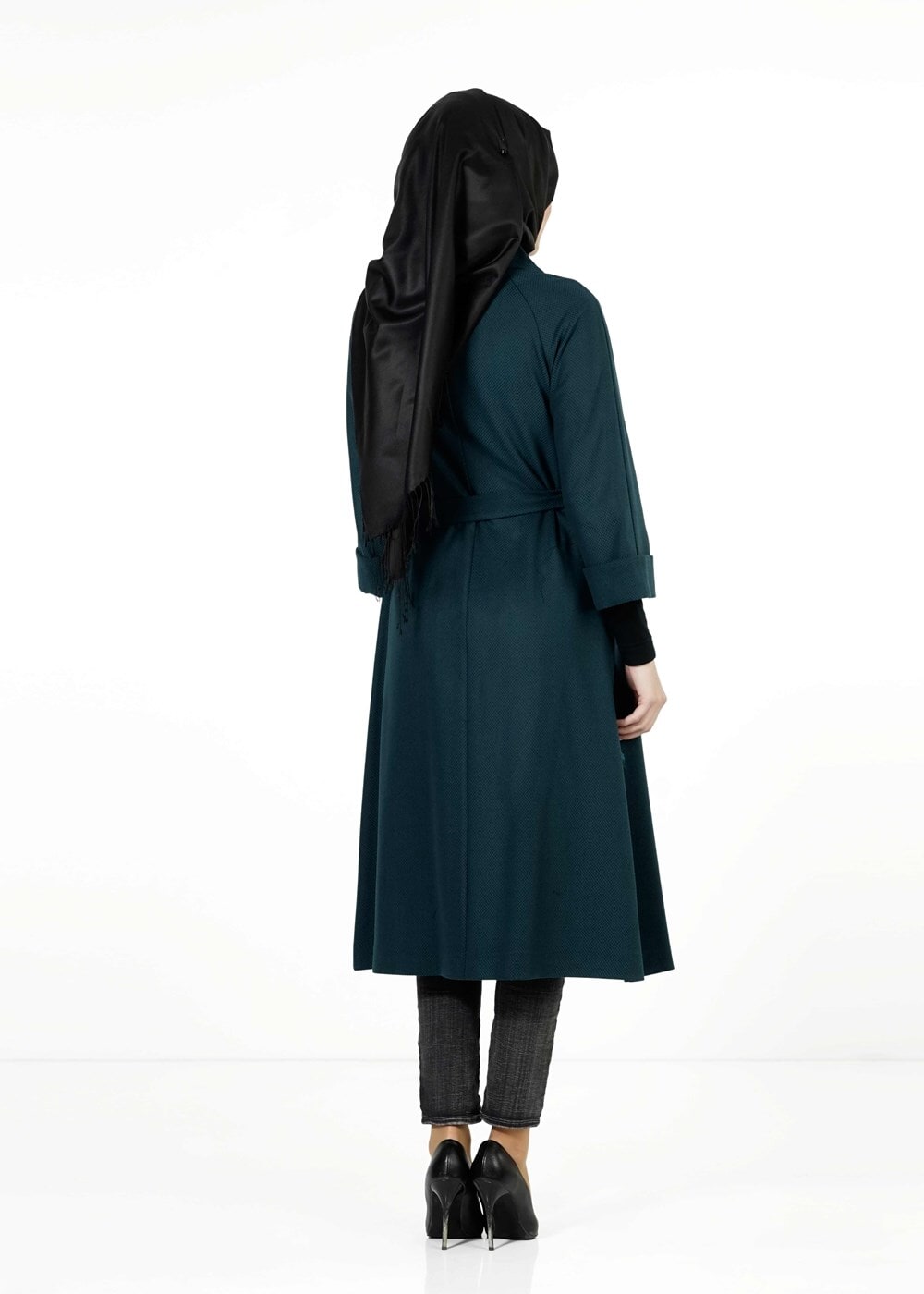 Tesettür giyim MAVİ GİZLİ DÜĞMELİ KUŞAKLI KABAN 9257