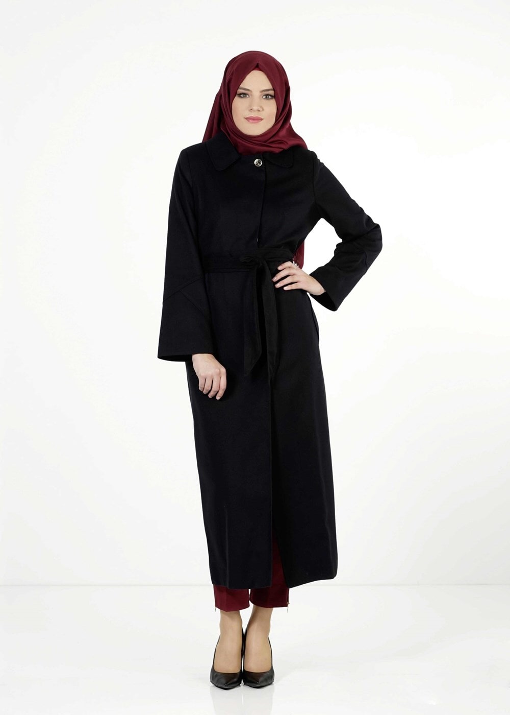 Tesettür giyim LACİVERT BEBE YAKA KUŞAKLI MANTO 9302 