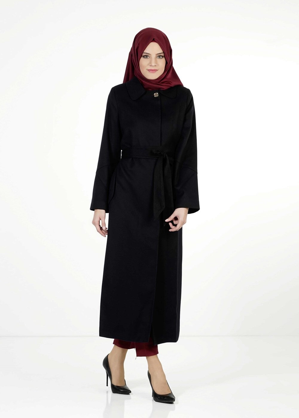 Tesettür giyim LACİVERT BEBE YAKA KUŞAKLI MANTO 9302 