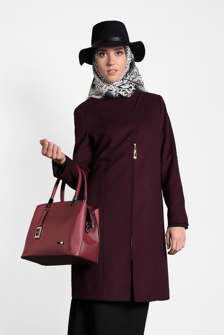 Tesettür giyim BORDO ALVİNA ÇITÇITLI FERMUARLI KABAN 9318 