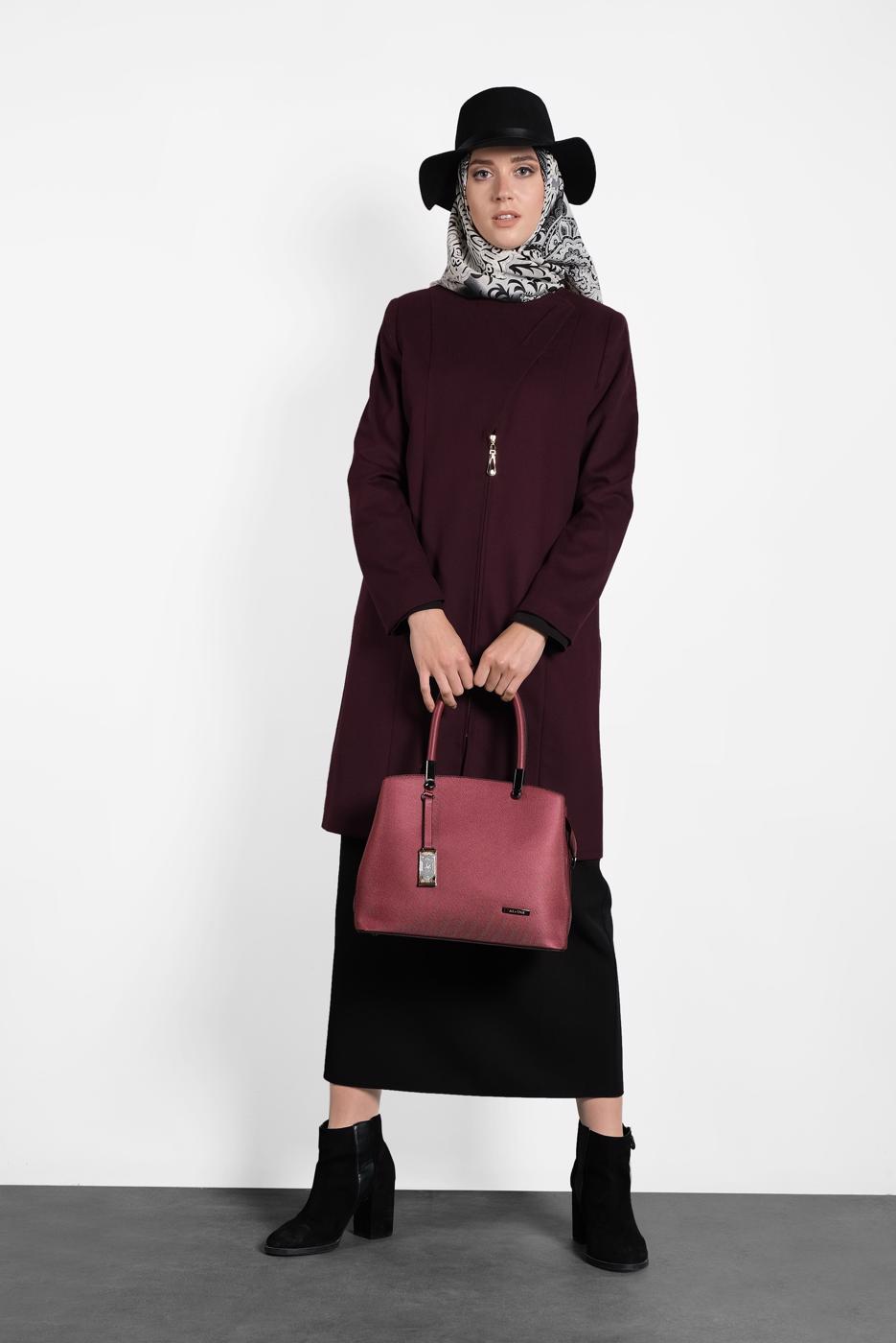 Tesettür giyim BORDO ALVİNA ÇITÇITLI FERMUARLI KABAN 9318 