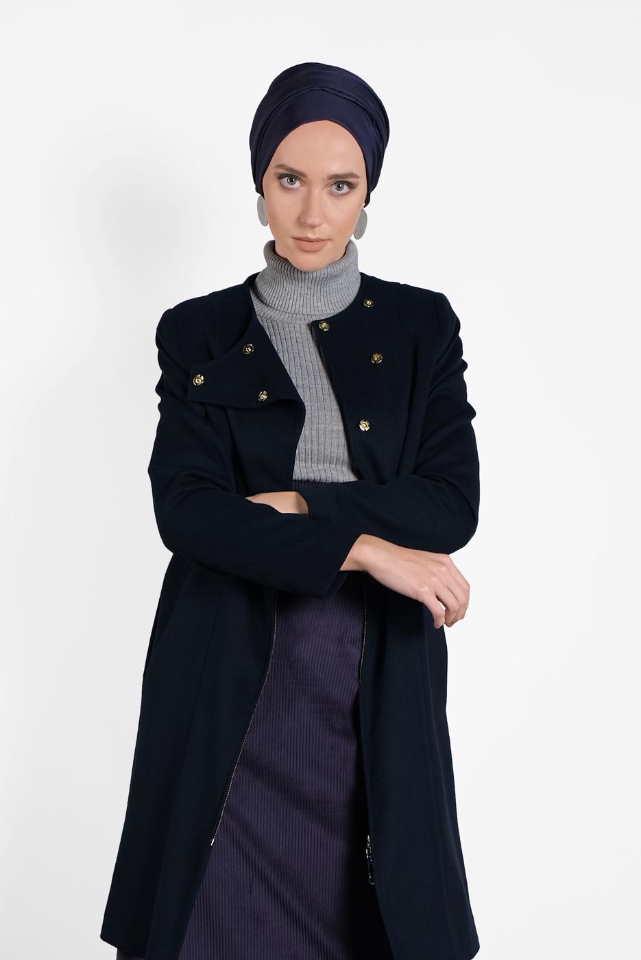 Tesettür giyim LACİVERT ALVİNA ÇITÇITLI FERMUARLI KABAN 9318 
