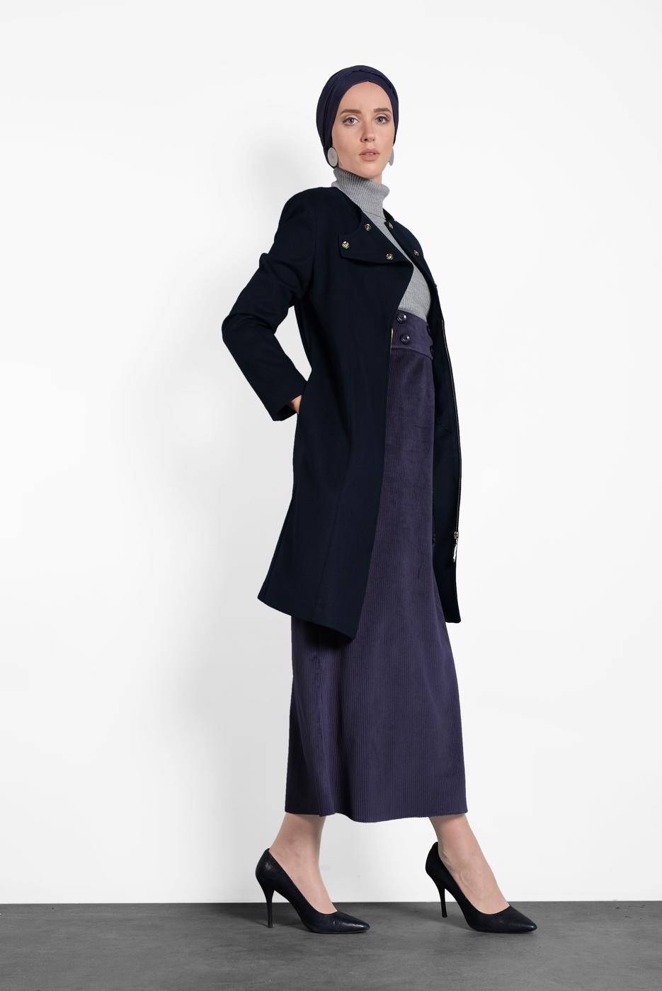 Tesettür giyim LACİVERT ALVİNA ÇITÇITLI FERMUARLI KABAN 9318 