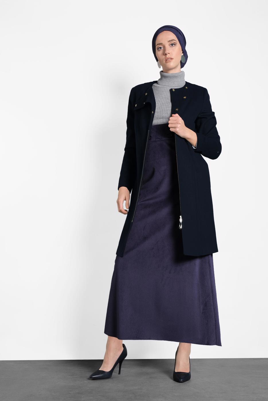 Tesettür giyim LACİVERT ALVİNA ÇITÇITLI FERMUARLI KABAN 9318 