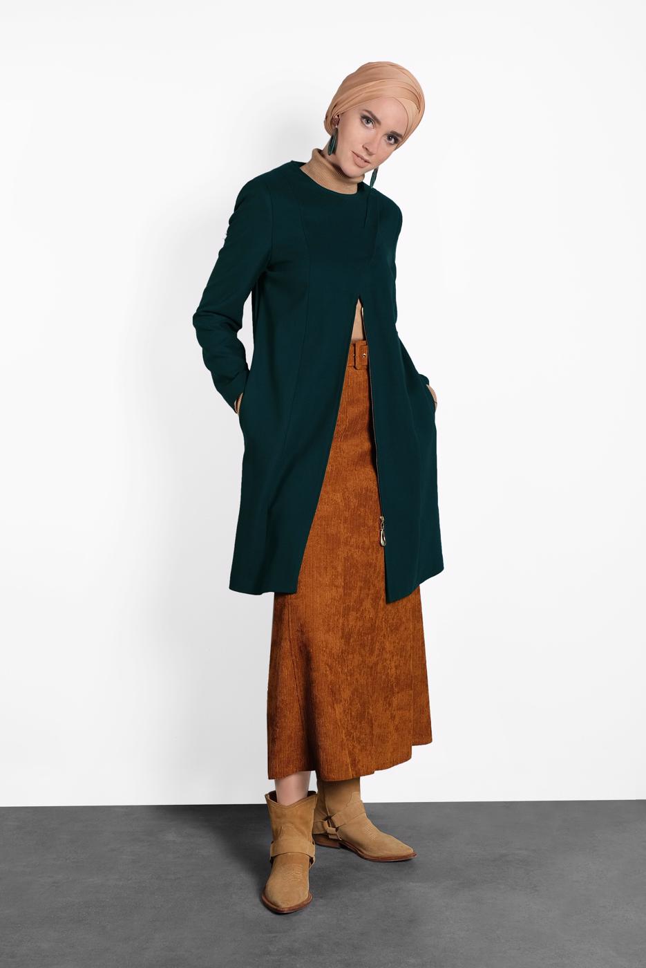 Tesettür giyim MAVİ ALVİNA ÇITÇITLI FERMUARLI KABAN 9318 