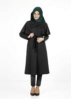 Tesettür giyim SİYAH PELERİNLİ KUŞAKLI TRENÇKOT 1380-1
