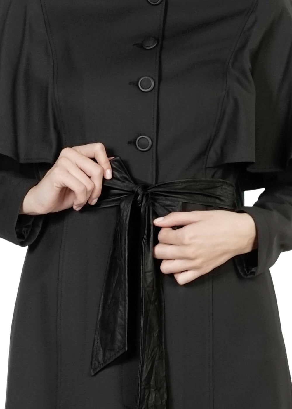 Tesettür giyim SİYAH PELERİNLİ KUŞAKLI TRENÇKOT 1380-1