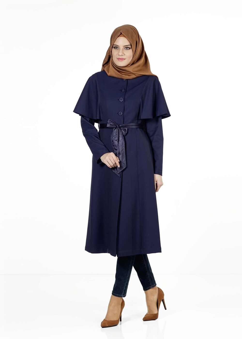 Tesettür giyim LACİVERT PELERİNLİ KUŞAKLI TRENÇKOT 1380-1