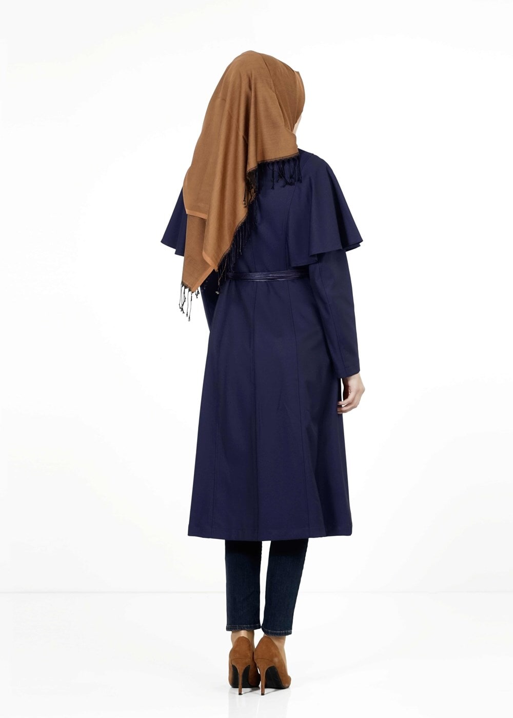 Tesettür giyim LACİVERT PELERİNLİ KUŞAKLI TRENÇKOT 1380-1