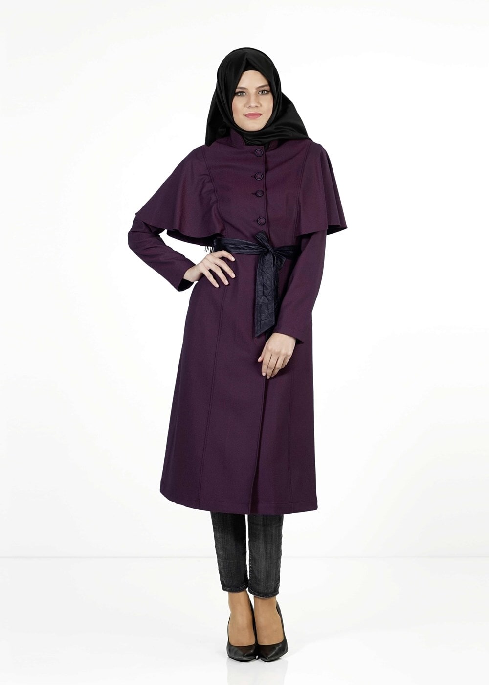 Tesettür giyim MÜRDÜM PELERİNLİ KUŞAKLI TRENÇKOT 1380-1