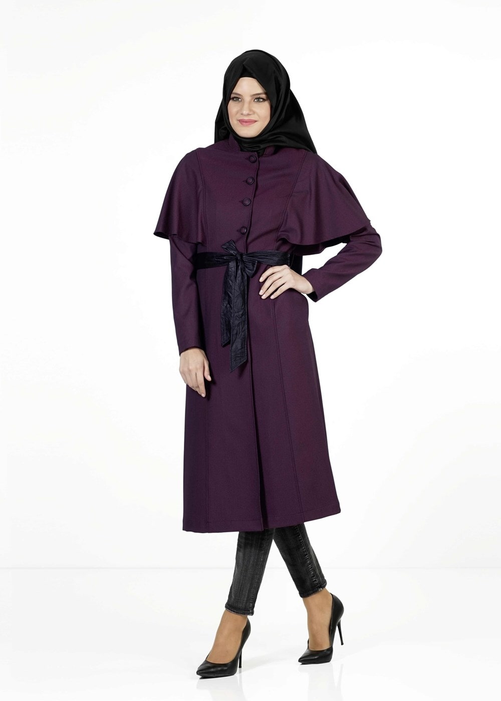 Tesettür giyim MÜRDÜM PELERİNLİ KUŞAKLI TRENÇKOT 1380-1