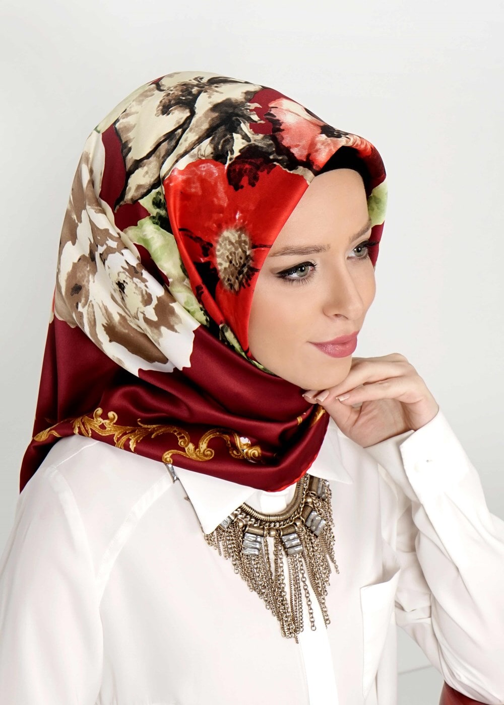 Tesettür giyim BORDO T 27612  Çicek Desenli Esarp