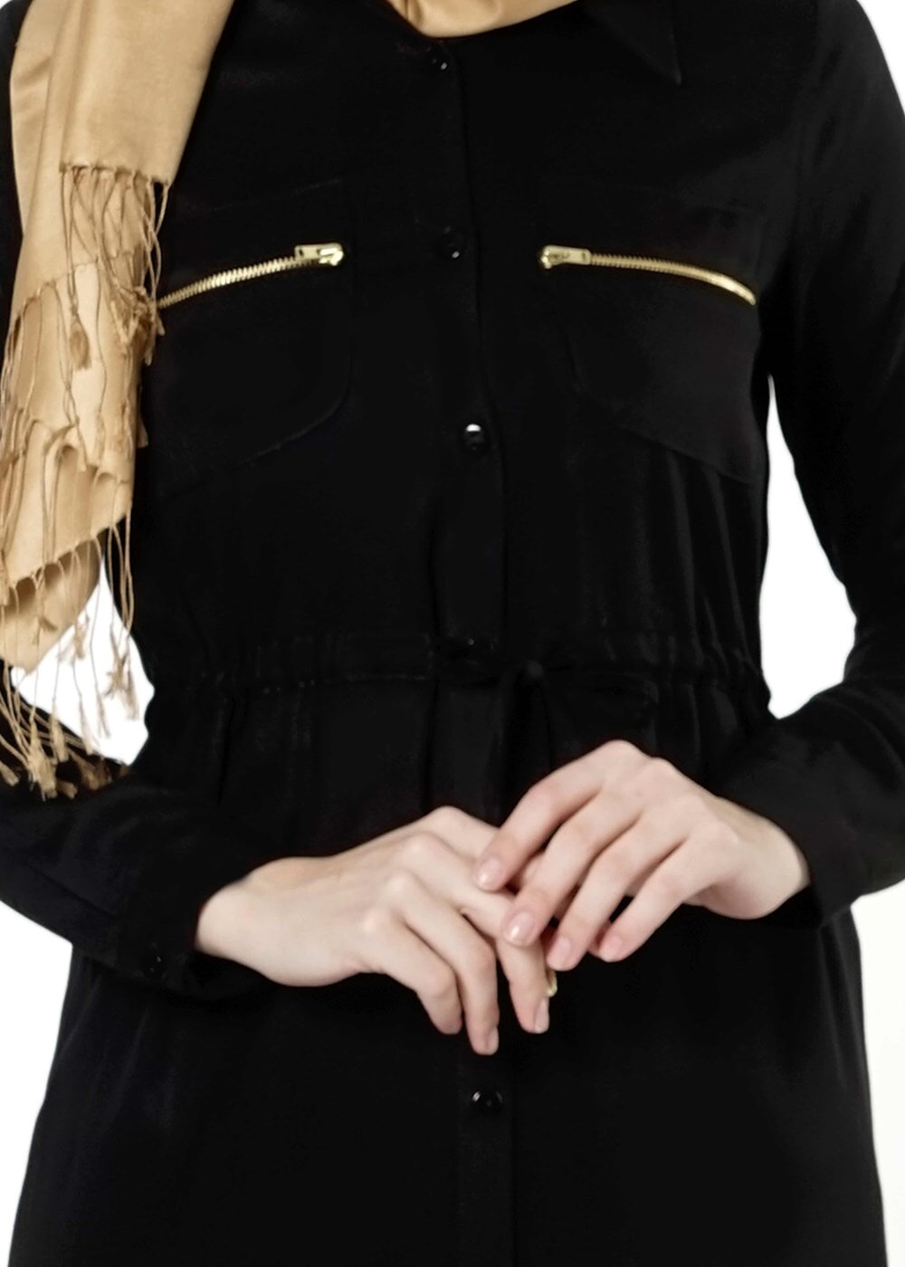 Tesettür giyim SİYAH BELİ BÜZGÜLÜ TUNİK 8644 