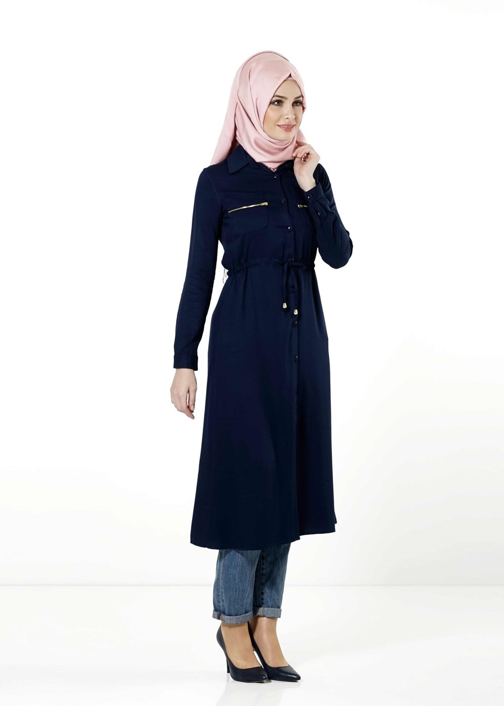 Tesettür giyim LACİVERT BELİ BÜZGÜLÜ TUNİK 8644 