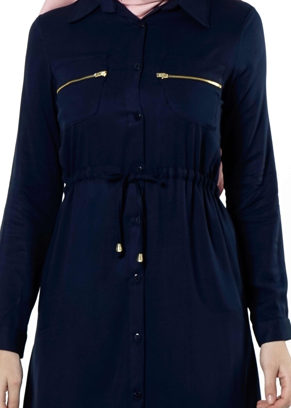 Tesettür giyim LACİVERT BELİ BÜZGÜLÜ TUNİK 8644 