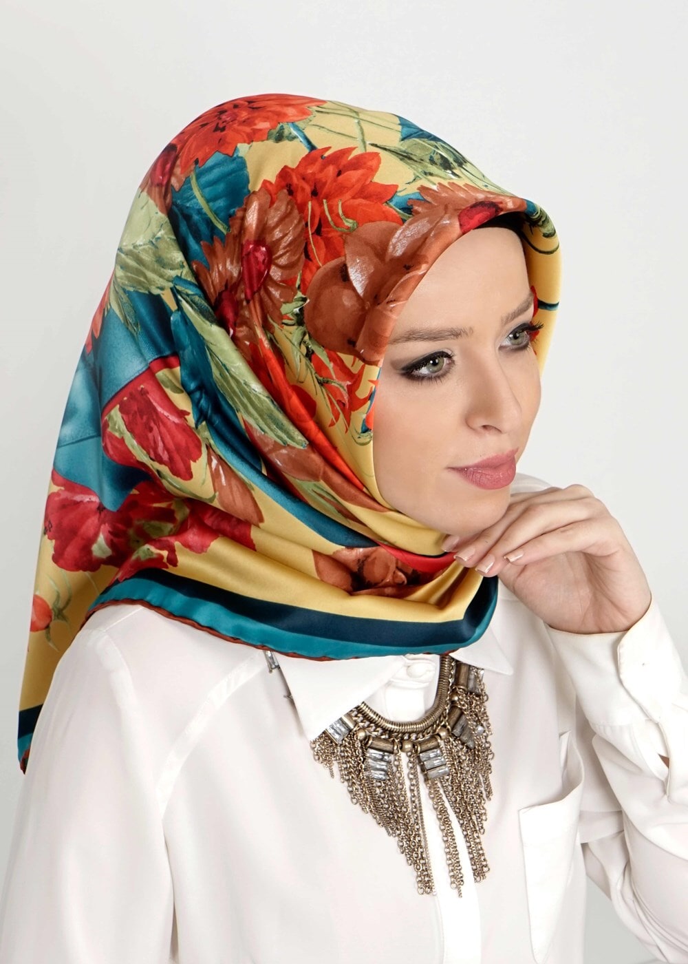 Tesettür giyim SARI T 27604 Çicek Desenli Eşarp