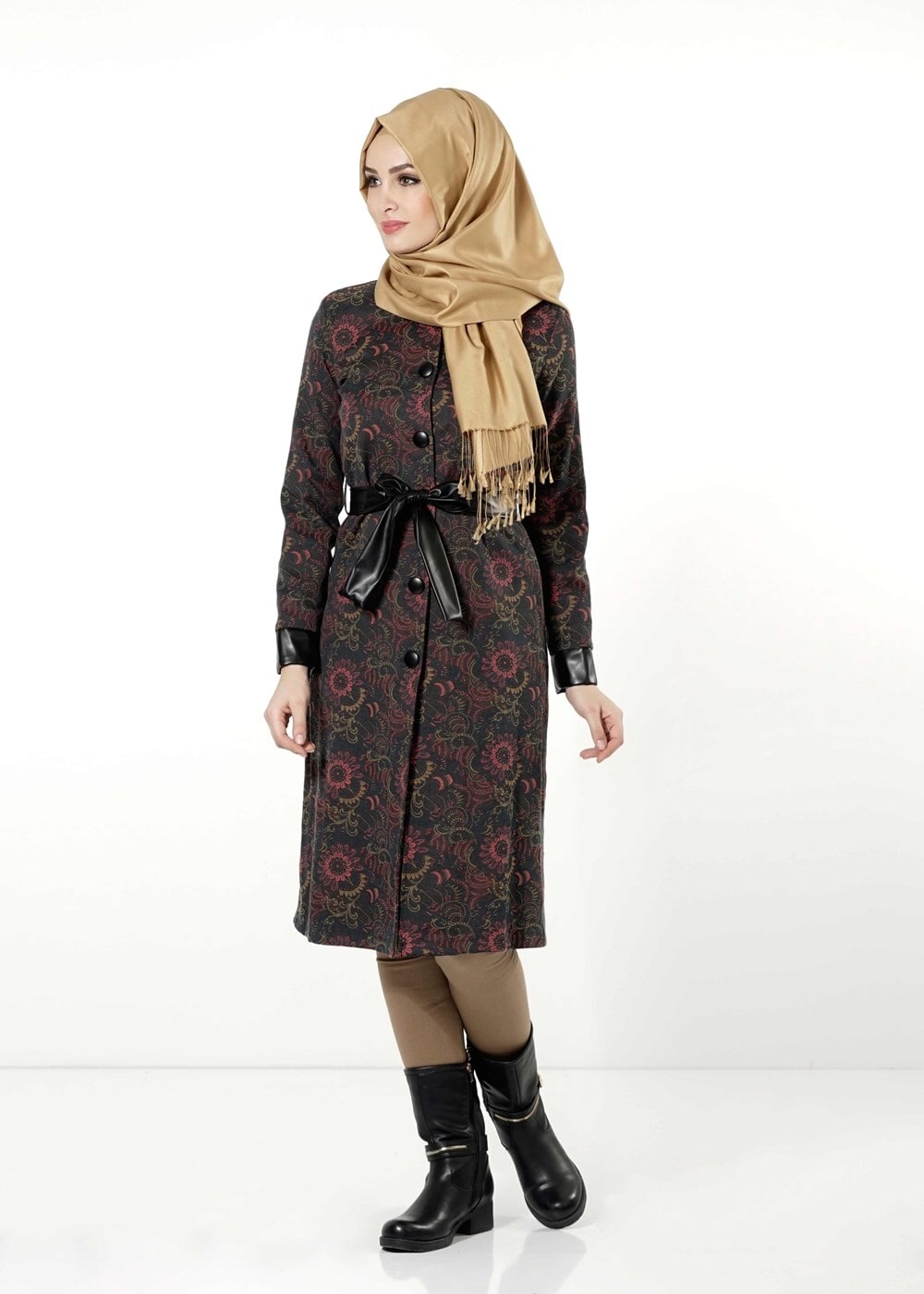 Tesettür giyim MAVİ ÇİÇEK DESENLİ BİSİKLET YAKA TRENÇKOT 1039 