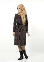 Tesettür giyim MAVİ ÇİÇEK DESENLİ BİSİKLET YAKA TRENÇKOT 1039 