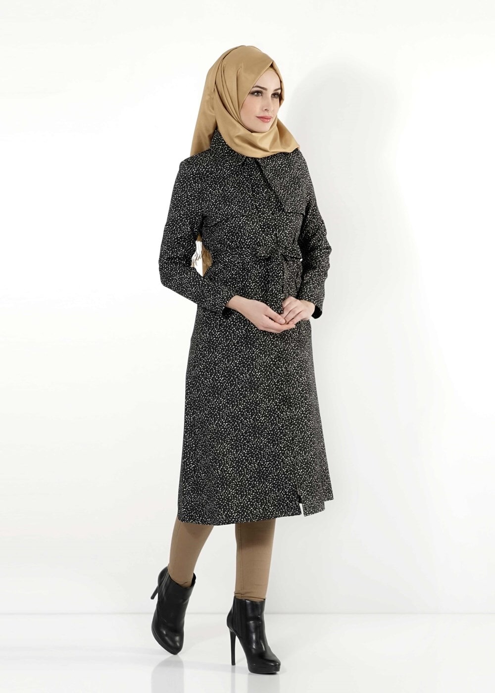 Tesettür giyim SİYAH KEMERLİ CEPLİ TRENÇKOT 1120